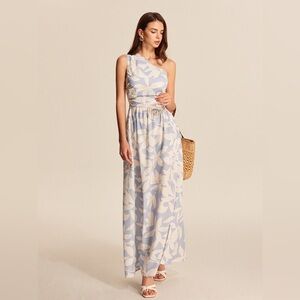 Commense  Blue and Cream One-Shoulder Dress with ruching on the side XS‎